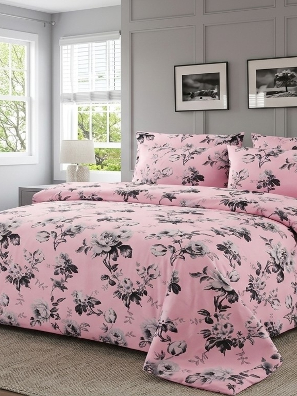 BAMBOO Pink Floral Comforter Set with Black Floral Accents